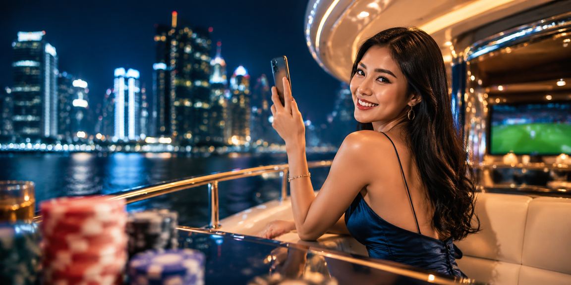 Model menampilkan aplikasi kasino di ponsel dengan antarmuka yang bersih dan modern