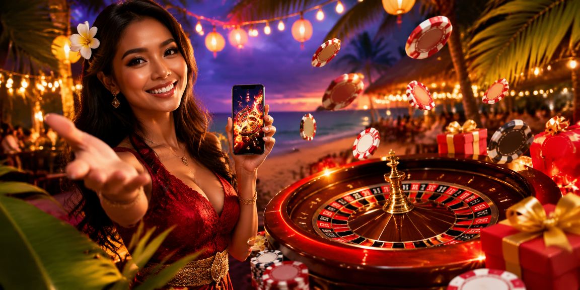 Meja roulette di tepi pantai dengan suasana malam yang santai dan mewah